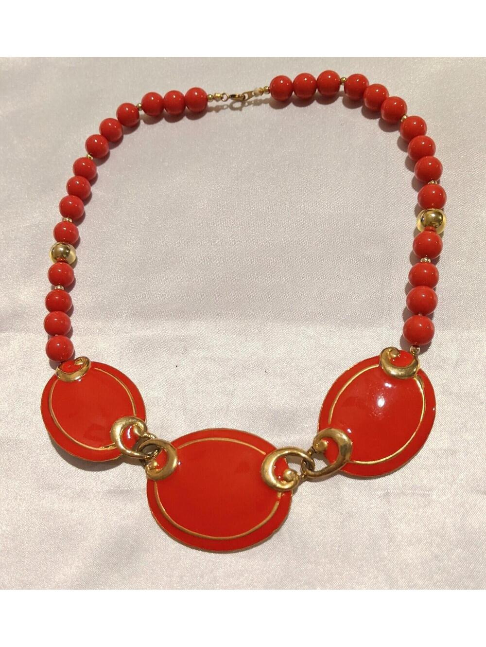 Vintage Red Enamel & Gold Tone Beaded Statement Necklace Bib Style Quality 18"